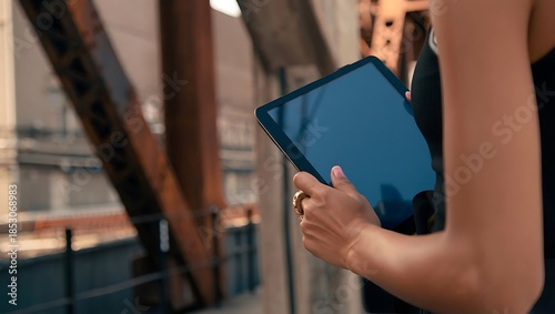 Businesswoman Using Digital Tablet Outdoors Beside Rusted Steel Beams in Urban Industrial Setting