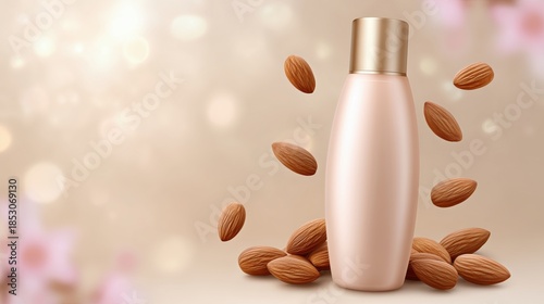 Almond oil bottle with scattered almonds, surrounded by a soft blurred background, creating an elegant and inviting atmosphere for beauty and skincare products