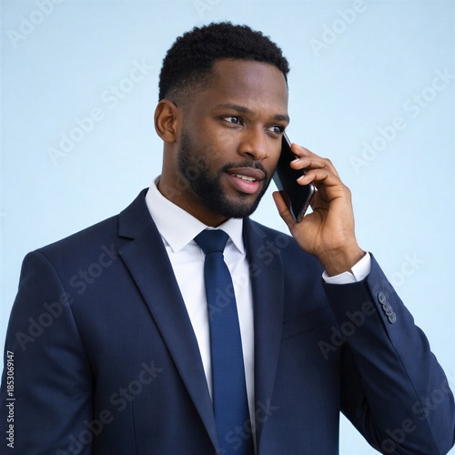 Professional African American businessman talking on a mobile phone, wearing a formal business suit, focused expression, isolated on a light blue background.