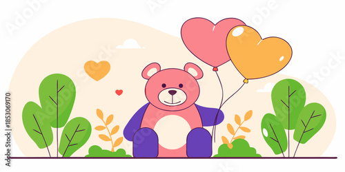 Cute cartoon vector illustration of a baby teddy bear with a heart and flowers, featuring a fun Easter bunny with colorful eggs and a dog for a birthday card design