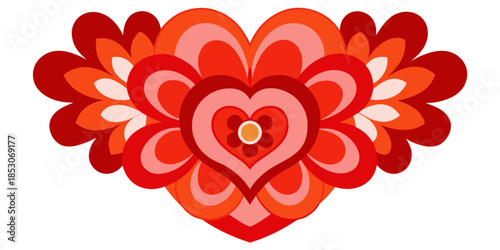 Red flower heart vector design with floral ornaments and swirls on a white background for a romantic Valentine Day card illustration