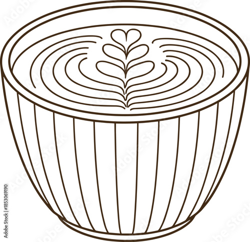 Latte art coffee cup line illustration featuring heart pattern representing cafe culture barista craft and warm beverage design