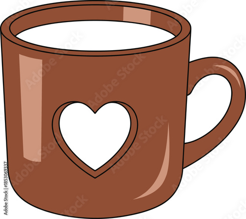 Brown ceramic coffee mug with heart icon symbolizing love warmth and cozy morning beverage moment flat vector illustration