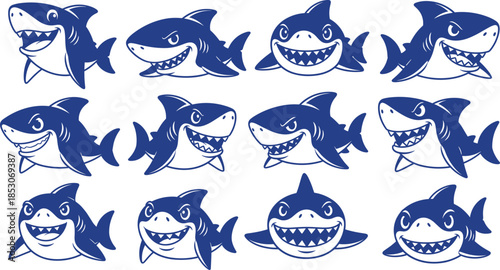 Blue cartoon shark vector set with expressive characters showing playful, fierce, and funny moods for kids and ocean themes.