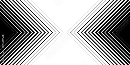Minimal Black and White Background with Right-Pointing Arrow. Striped Transition from Black Lines to White Abstract Solid Lines. Simple Pattern.