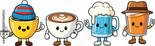 Cute cartoon beverage characters set featuring coffee tea beer and juice with smiling faces in playful flat vector style