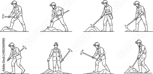 Black and white line art vector collection of miners or excavators wearing safety helmets, using picks, illustrating mining, digging, and resource extraction labor.