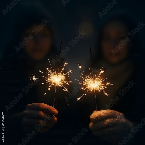 Sparklers in Hands with Blurred People and Warm Holiday Lights at Night