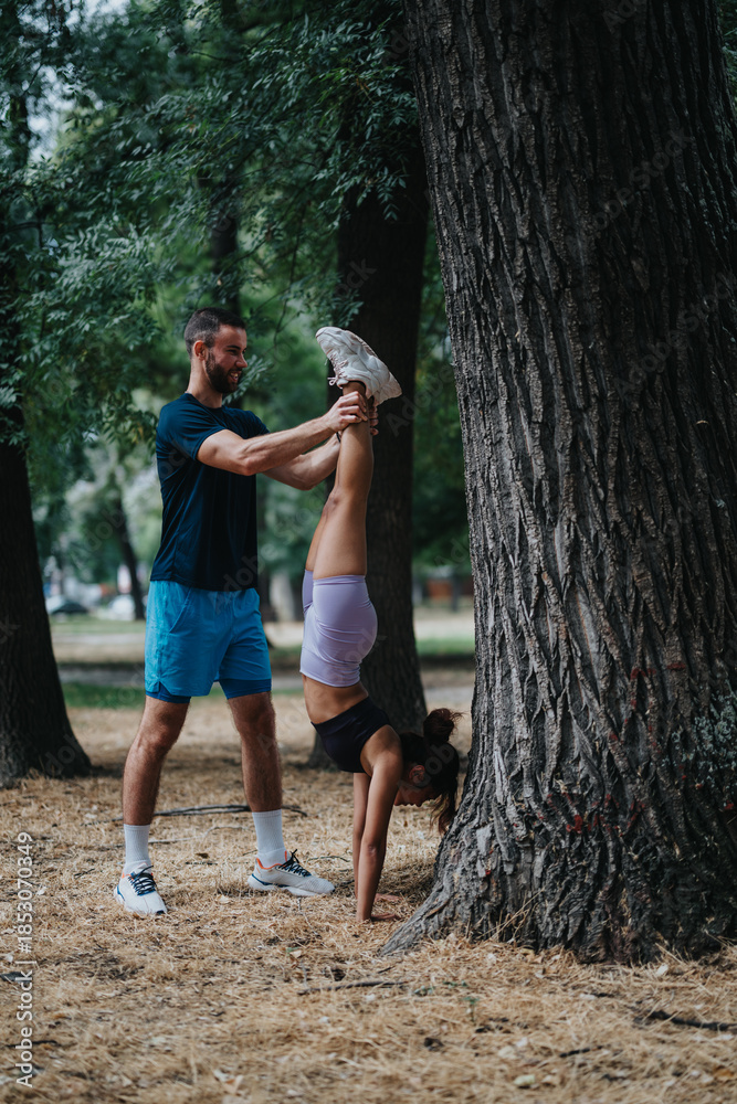 Fototapeta premium A man helps a woman perform a handstand against a large tree in a park. They practice balance and support in an outdoor fitness moment.