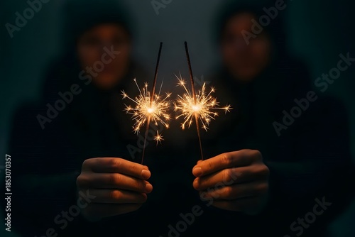Sparklers in Hands with Blurred People and Warm Holiday Lights at Night