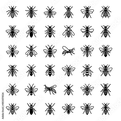 Collection of Diverse Insect Icons Featuring Bees, Wasps, and Ants in Various Poses and Styles