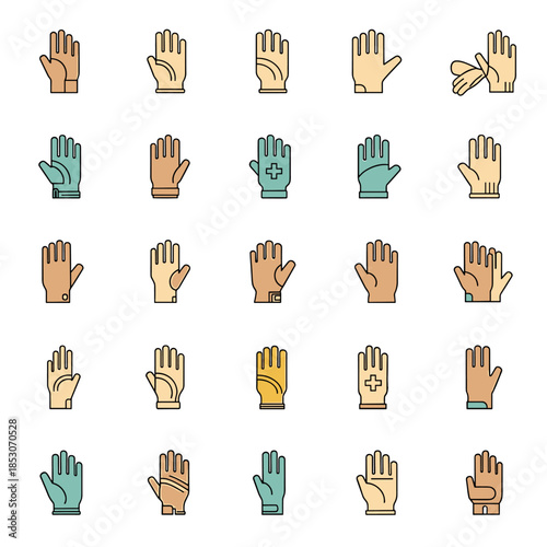 Collection of diverse hand-drawn glove icons, including medical, work, and fashion styles, presented on a clean white background.