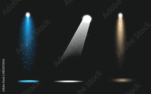 Creative vector illustration of bright lighting spotlights set, light sources black background. Art design beam for concert, scene illumination. Abstract concept graphic element