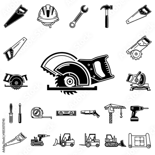 Collection of Construction Tools and Equipment Icons, Safety Helmet, Wrench, Hammer, Saws, Crane, Forklifts, Bulldozer