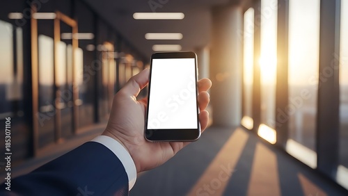 Hand holding smartphone with blank screen in office hallway
