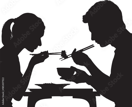 Man and woman eating Asian food together with chopsticks