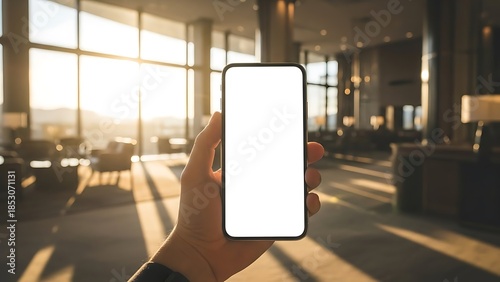 Hand holding smartphone with blank white screen in lobby