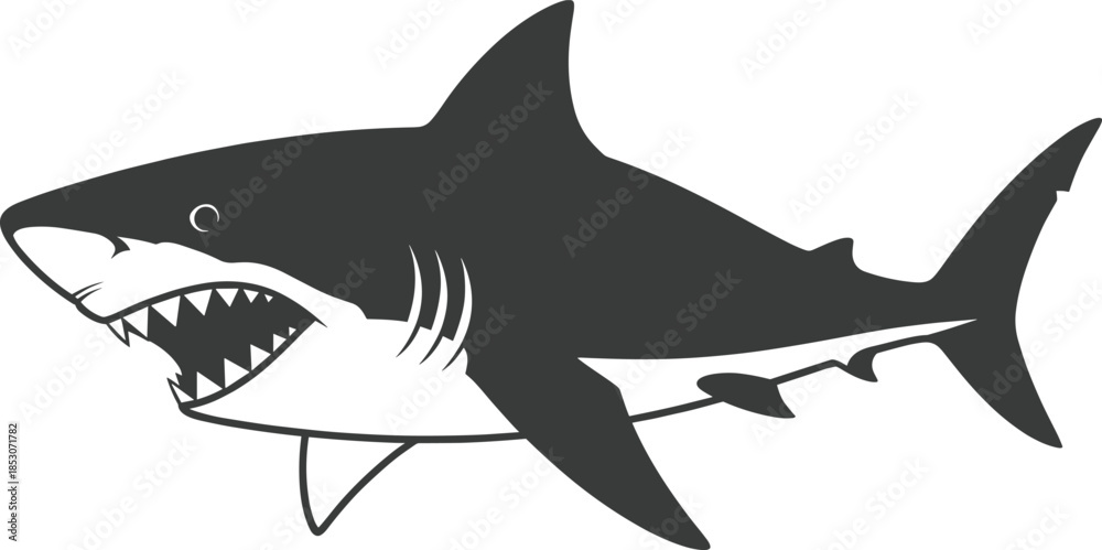 Fototapeta premium Blue cartoon shark illustration in side profile with open mouth and sharp teeth for bold ocean-themed vector design use.