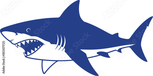 Blue shark silhouette vector illustration with open mouth and sharp teeth for bold ocean-themed design and marine branding use.