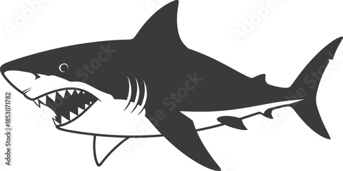   
Blue cartoon shark illustration in side profile with open mouth and sharp teeth for bold ocean-themed vector design use.