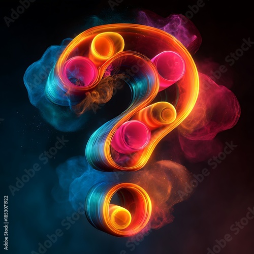 Vibrant Neon Question Mark with Swirling Colorful Smoke and Bubbles symbol punctuation Photo