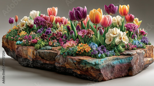 Vibrant flowering plants and tulips arranged on a large stone display.