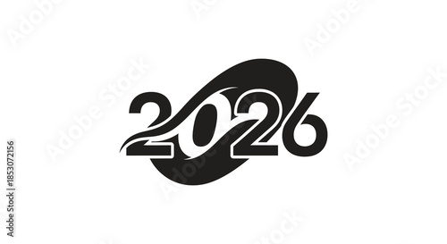 Abstract black design featuring the year 2026 in a flowing dynamic silhouette