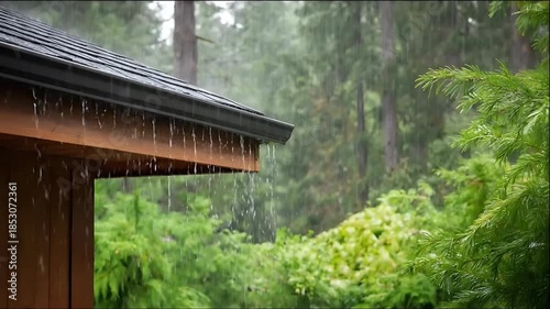 Rainwater flows from a wooden roof in a lush forest environment during a rainy day