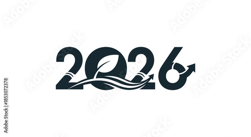 Stylized new year 2026 logo featuring wave and arrow elements dark silhouette