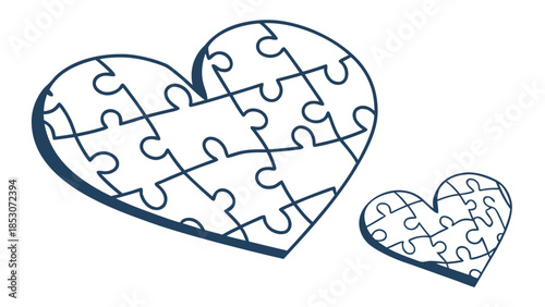 Heart Shaped Jigsaw Puzzle Pieces in Simple Line Art Style with Blue Outline on White Background for Valentines Day