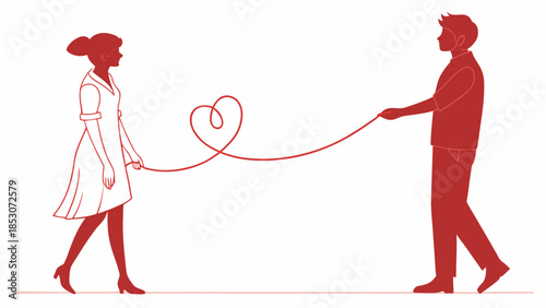 Couple Holding Heart-Shaped Rope in Simple Line Art with Red Color on White Background for Valentines Day