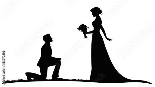Man proposing to woman in silhouette with bouquet in romantic evening lighting for wedding invitation