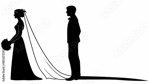 Bride and Groom Silhouettes in Distant Profile with Long Flowing Veil in Black and White Minimalist Style on White Background for Wedding Invitation