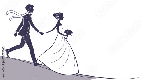Bride and Groom Walking Hand in Hand in Simple Elegant Line Art with Dark Silhouette and White Background for Wedding Invitation