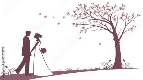 Couple in love silhouette with romantic mood in soft pink lighting on white background for wedding invitation