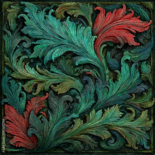 Vibrant Teal And Red Floral Carving With Dark Photo Background relief sculpture vibrant colors