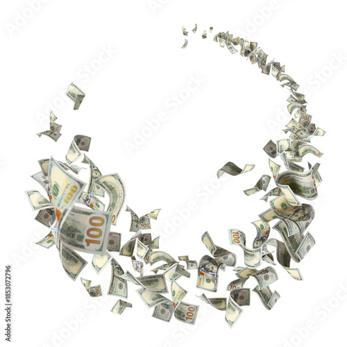Canvas Print Flying hundred dollar bills swirling in dynamic motion, isolated on transparent