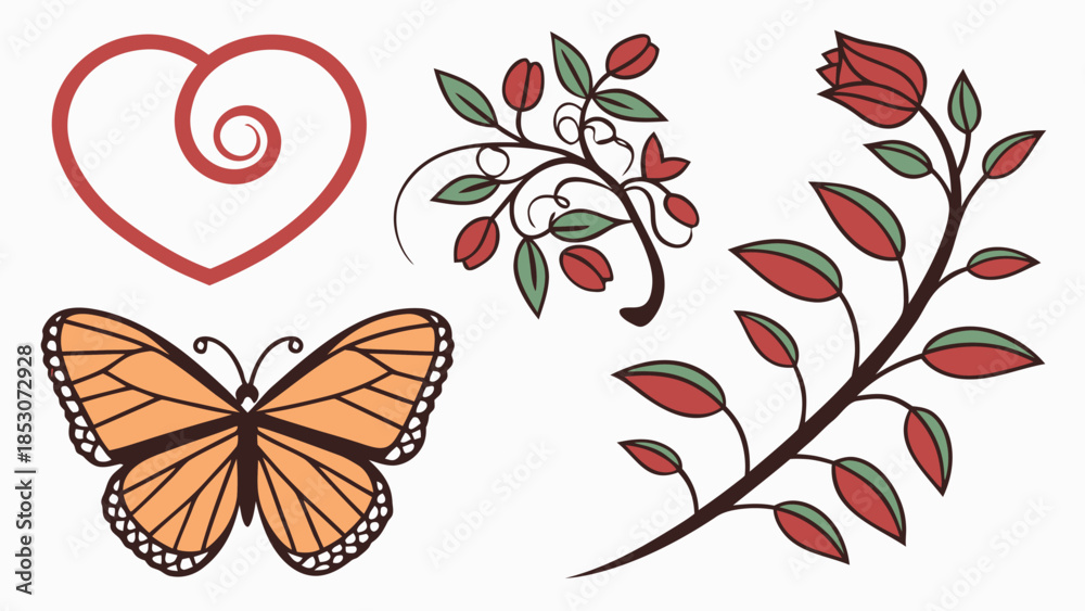 Fototapeta premium Butterfly and Floral Elements in Hand-Drawn Style with Vibrant Colors on White Background for Greeting Card