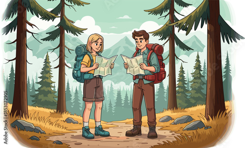 Couple hiking with map illustration, travelers navigating forest trail with backpacks, outdoor adventure travel concept cartoon vector nature landscape scene design artwork