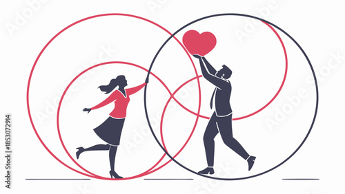Couple Exchanging Heart in Minimalist Silhouette with Simple Shapes and Bold Colors for Relationship