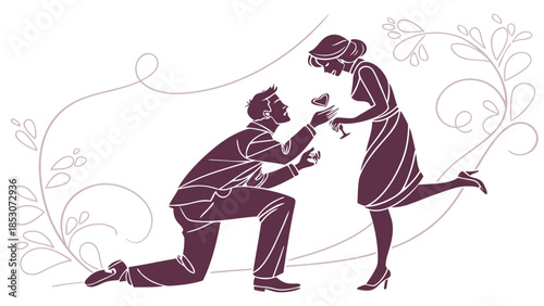 Man Proposing to Woman in Romantic Illustration with Purple Color Scheme and Floral Elements for Wedding Invitation