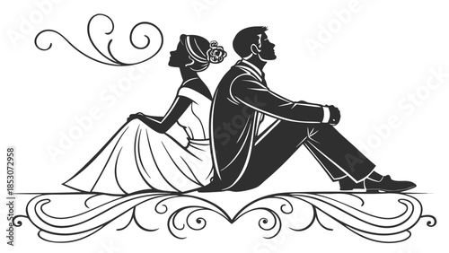 Bride and Groom Sitting Together in Elegant Black and White Illustration with Floral Swirls for Wedding Invitation