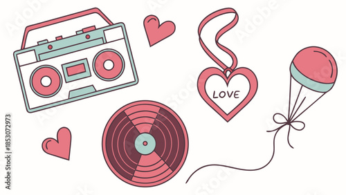 Retro Music Elements in Hand-Drawn Style with Red Monochromatic Color Scheme on White Background for Valentines Day Greeting Card