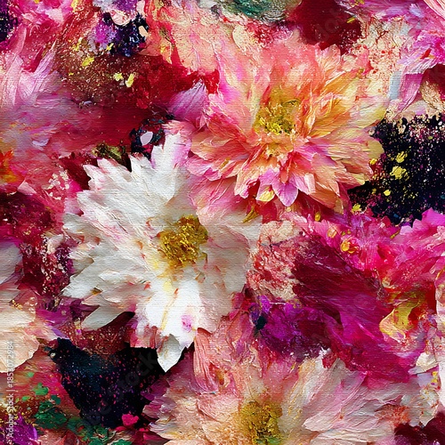 Vibrant Textured Floral Oil Painting with Splattered Paint impasto Photo