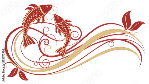 Koi Fish Illustration in Elegant Red and Gold Swirling Pattern with Floral Motifs on White Background for Luxury Branding