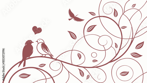 Lovebirds on swirling floral vines in romantic red silhouette with heart symbol for valentines day greeting card