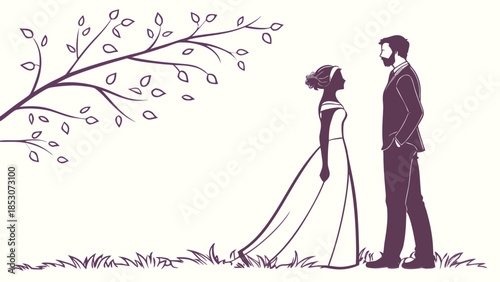 Bride and Groom Silhouette in Romantic Minimalist Purple Illustration with White Background for Wedding Invitation