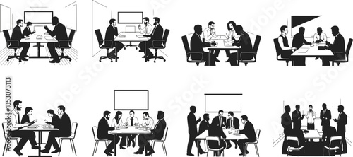 Business meeting silhouette set, office teamwork discussion icons, professional collaboration vector bundle, graphic workplace communication design pack