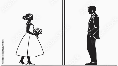 Bride and Groom Silhouettes in Simple Elegant Black and White Illustration with Minimalist Design for Wedding Invitation