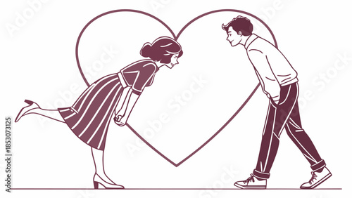 Couple Forming Heart Shape with Their Bodies in Minimalist Line Art Style with Monochromatic Red Color on White Background for Valentines Day Greeting Card